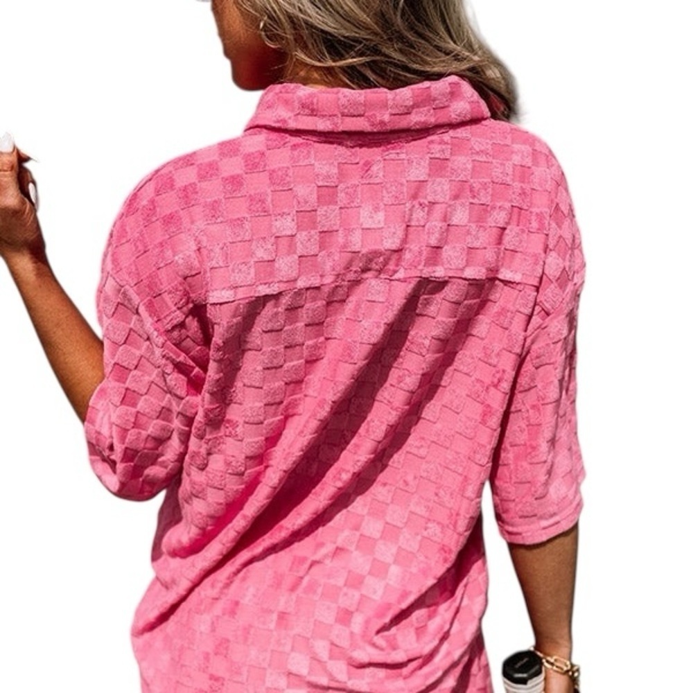 Bailey Rose Pink Checkered Terry Shirt large beach summer spring oversized - Picture 2 of 11